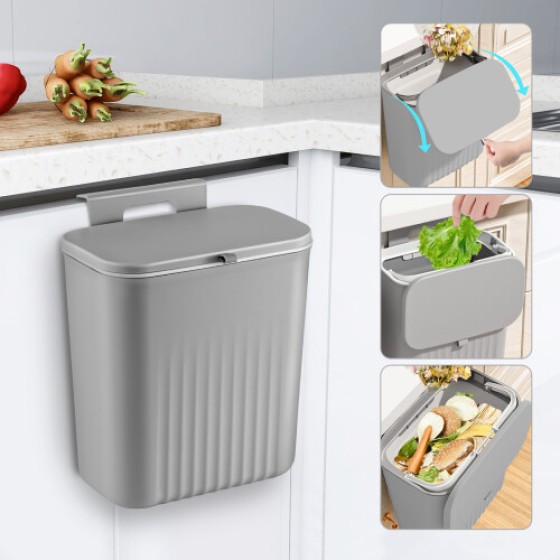 9L キッチンゴミ箱、折りたたみ式吊り下げゴミ箱、フタ付き、食品ゴミ箱